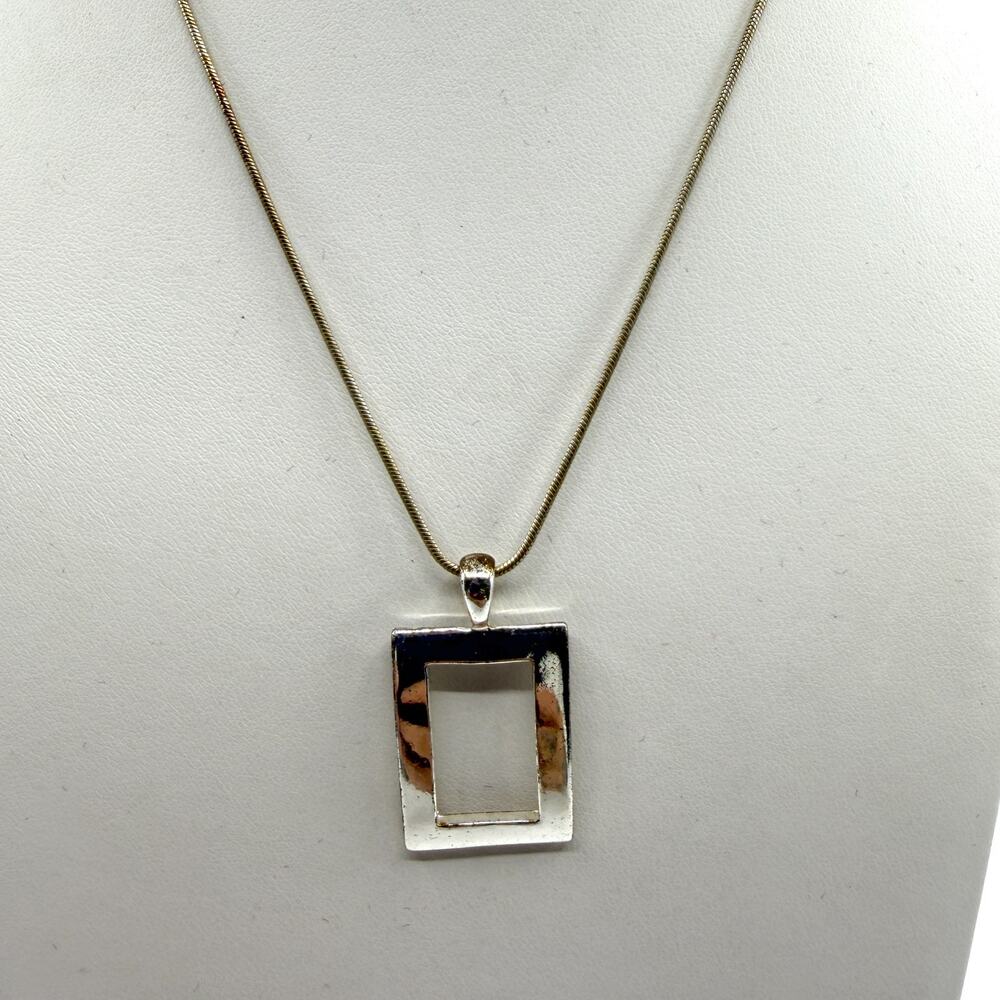 Minimalist Silver Tone Open Rectangle Pendant Necklace Geometric Modern Gift